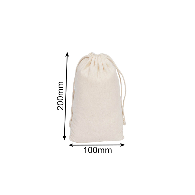 Small Calico Drawstring Bags 100x200mm - 50/Pack - dimensions