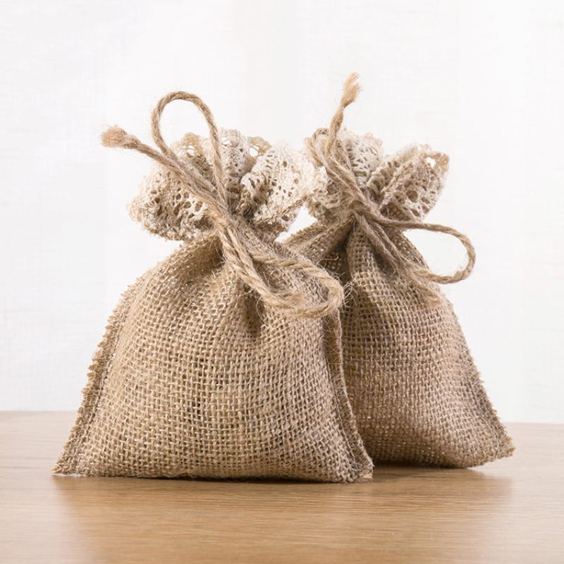 Hessian Drawstring Gift Bags with Lace Trim 100x150mm - 10/Pack - dimensions