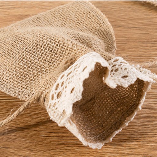 Hessian Drawstring Gift Bags with Lace Trim 100x150mm - 10/Pack - dimensions