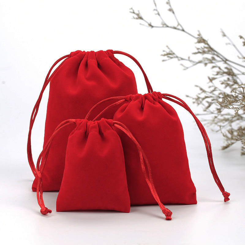 Double Sided Velvet Drawstring Bags 100x140mm Red - 50/Pack - dimensions