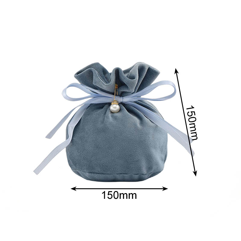 Velvet Satin Drawstring Bags with Pearl 150x150mm Navy Blue - 10/Pack - dimensions