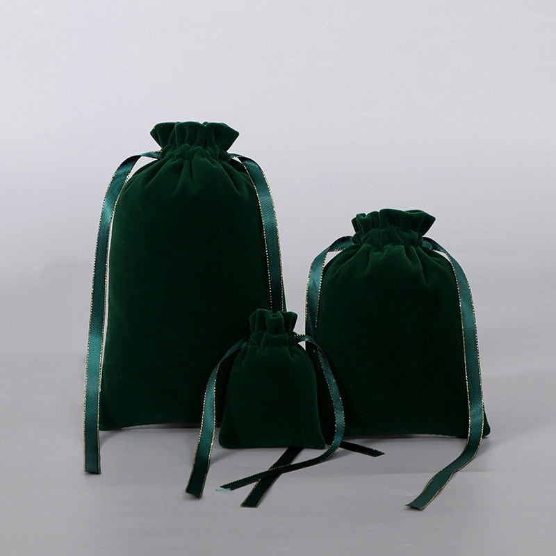 Velvet Satin Drawstring Bags 140x220mm Dark Green - 50/Pack - dimensions