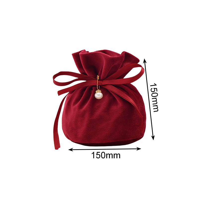 Velvet Satin Drawstring Bags with Pearl 150x150mm Burgundy - 10/Pack - dimensions