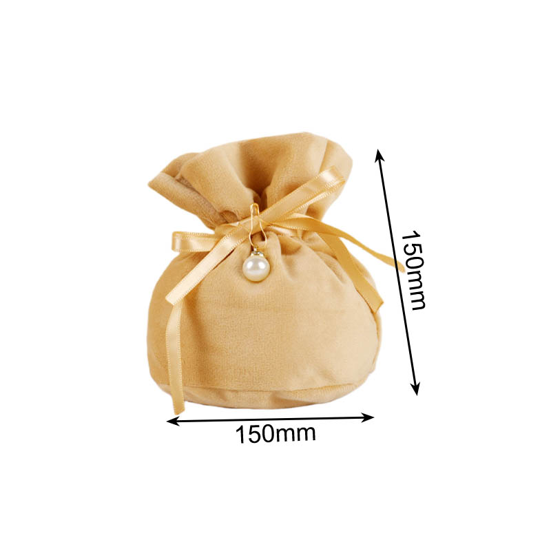 Velvet Satin Drawstring Bags with Pearl 150x150mm Gold - 10/Pack - dimensions