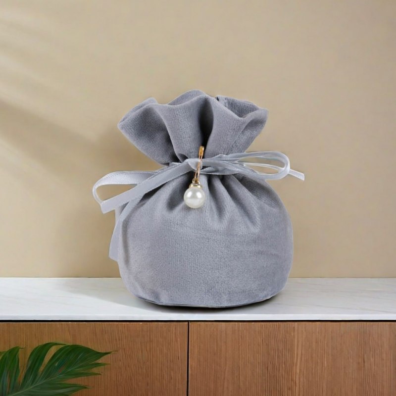 Velvet Satin Drawstring Bags with Pearl 150x150mm Grey - 10/Pack - dimensions