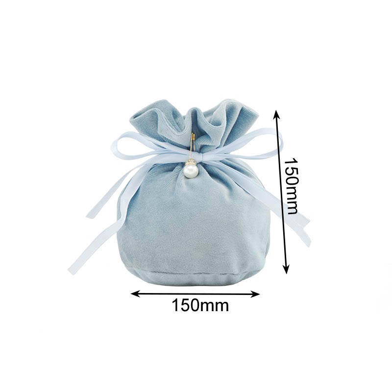 Velvet Satin Drawstring Bags with Pearl 150x150mm Blue - 10/Pack - dimensions