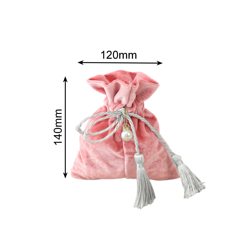 Velvet Tassel Drawstring Bags with Pearl 120x140mm Pink - 10/Pack - dimensions