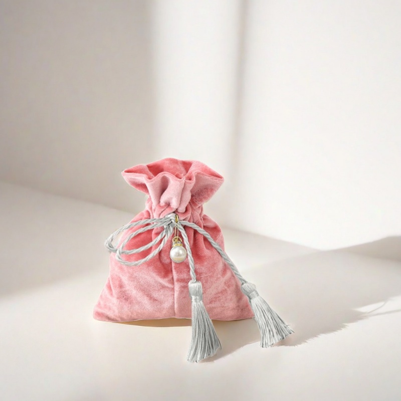 Velvet Tassel Drawstring Bags with Pearl 120x140mm Pink - 10/Pack - dimensions