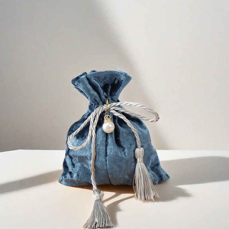 Velvet Tassel Drawstring Bags with Pearl 120x140mm Navy Blue - 10/Pack - dimensions