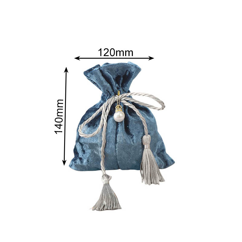 Velvet Tassel Drawstring Bags with Pearl 120x140mm Navy Blue - 10/Pack - dimensions