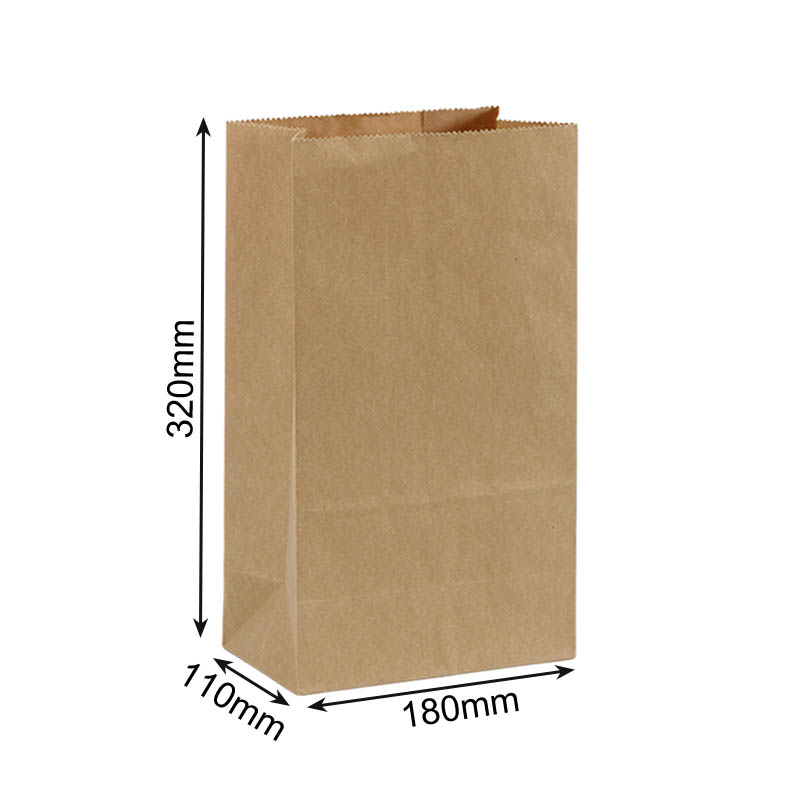 Greaseproof Paper Bags Square Bottom 180x320mm Brown - 300/Pack - dimensions