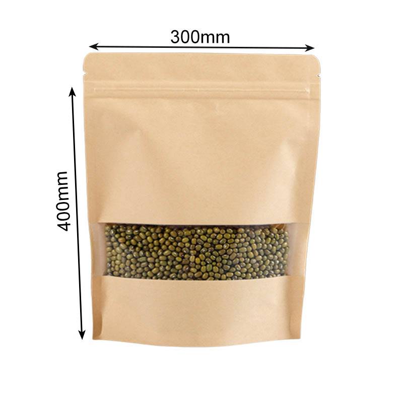 2kg Kraft Stand Up Pouches with Clear Window 300x400mm - 100/Pack - dimensions