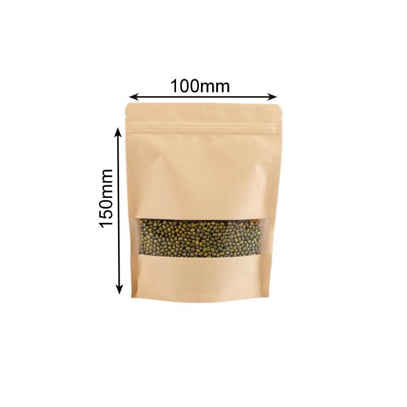 50g Kraft Stand Up Pouches with Clear Window 100x150mm - 100/Pack - dimensions