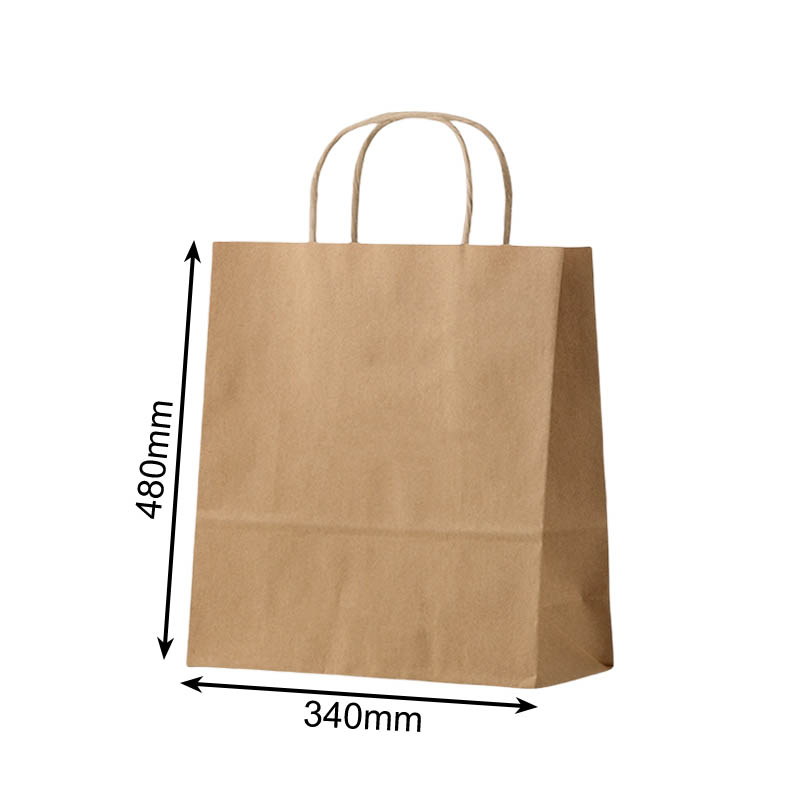 Large Paper Bags Twisted Handles 340x480mm Brown - 50/Pack - dimensions