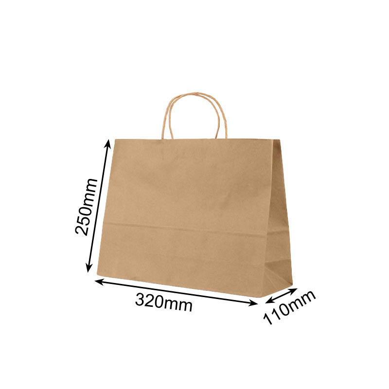 Medium Paper Bags Twisted Handles 320x250mm Brown - 50/Pack - dimensions