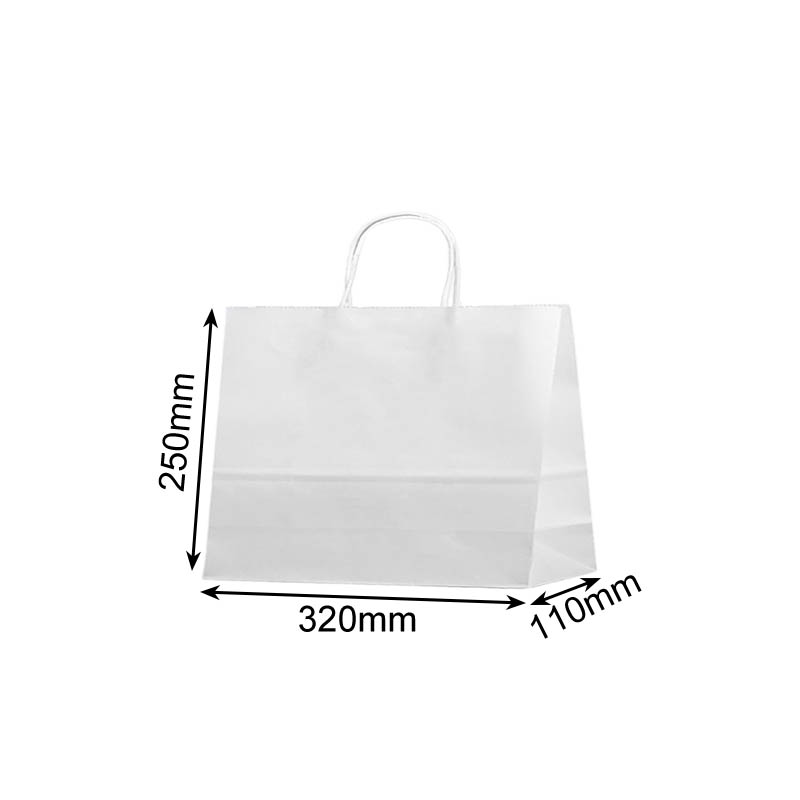 Medium Paper Bags Twisted Handles 320x250mm White - 50/Pack - dimensions