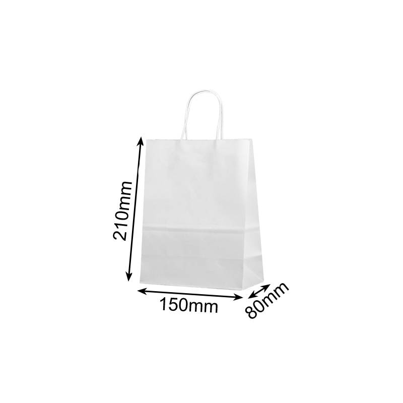 Mini Paper Bags Twisted Handles 150x210mm White - 50/Pack - dimensions