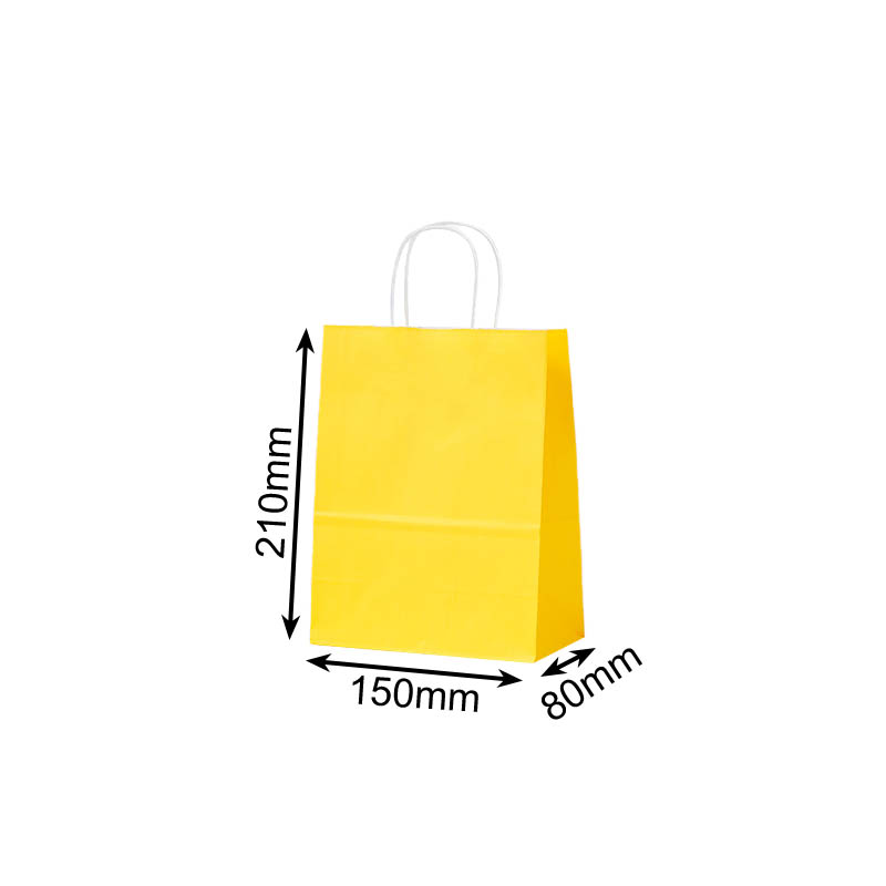 Mini Paper Bags Twisted Handles 150x210mm Yellow - 50/Pack - dimensions