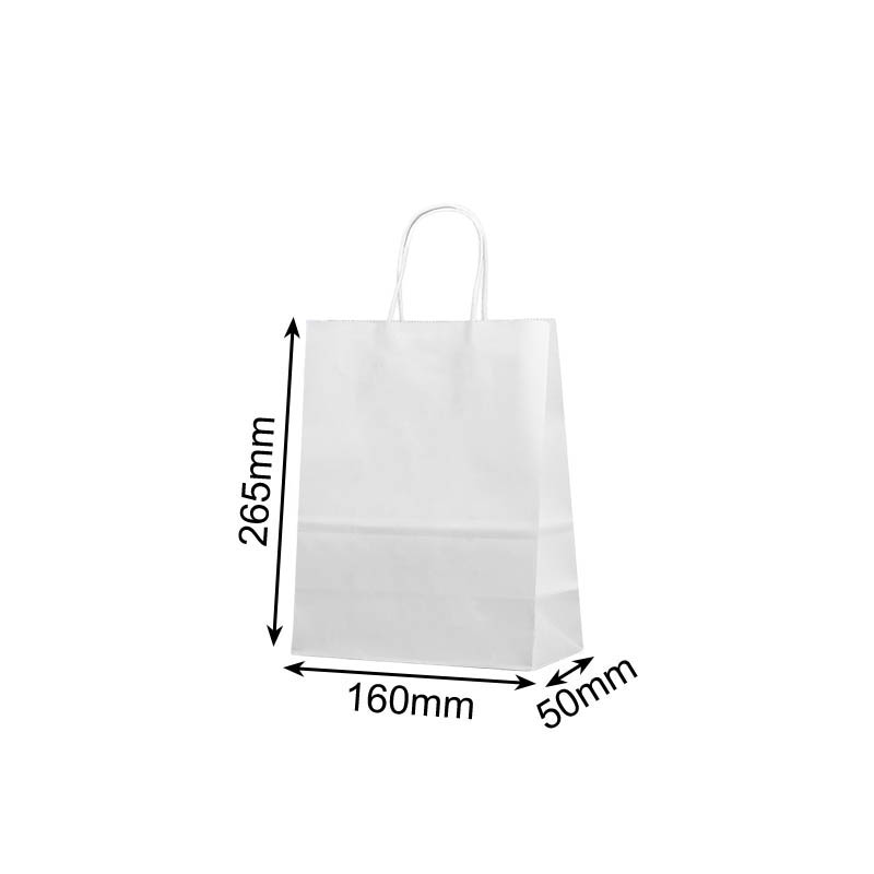 Mini Paper Bags Twisted Handles 160x265mm White - 50/Pack - dimensions