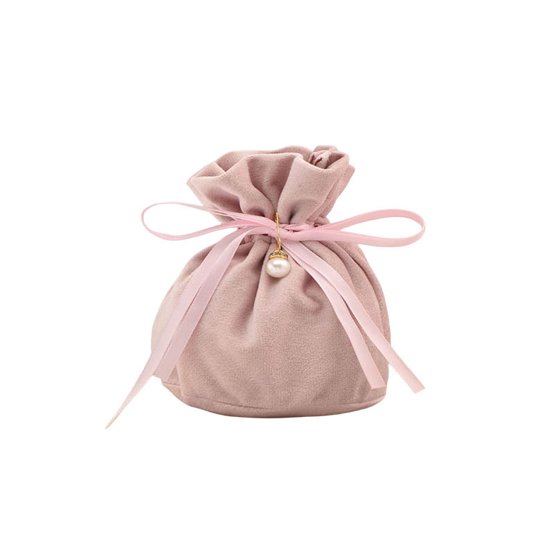 Velvet Satin Drawstring Bags with Pearl 150x150mm Pink - 10/Pack