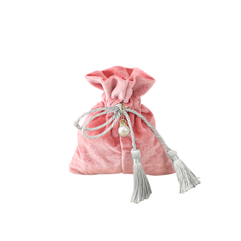 Velvet Tassel Drawstring Bags with Pearl 120x140mm Pink - 10/Pack - dimensions