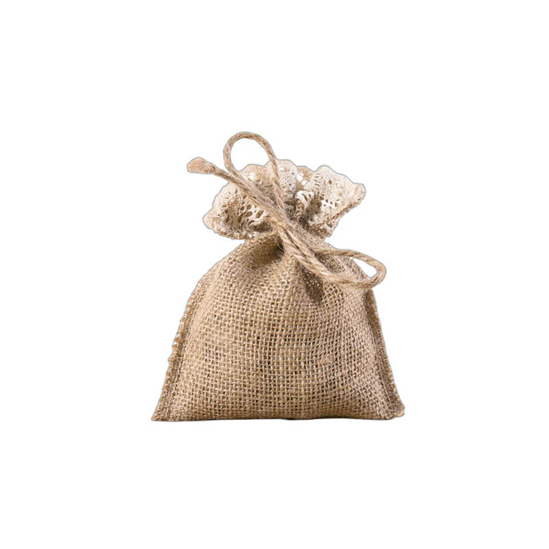 Hessian Drawstring Gift Bags with Lace Trim 100x150mm - 10/Pack