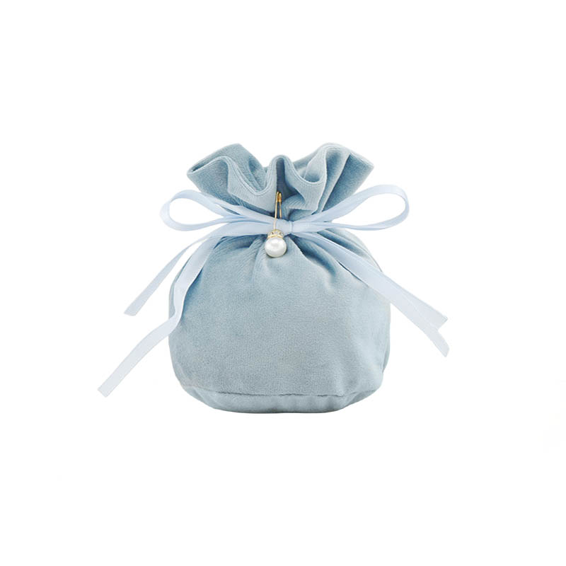 Velvet Satin Drawstring Bags with Pearl 150x150mm Blue - 10/Pack