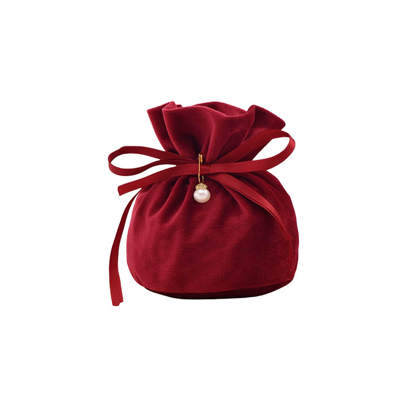 Velvet Satin Drawstring Bags with Pearl 150x150mm Burgundy - 10/Pack - dimensions