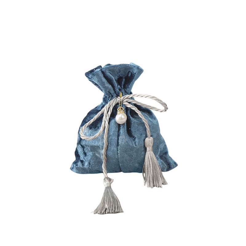 Velvet Tassel Drawstring Bags with Pearl 120x140mm Navy Blue - 10/Pack