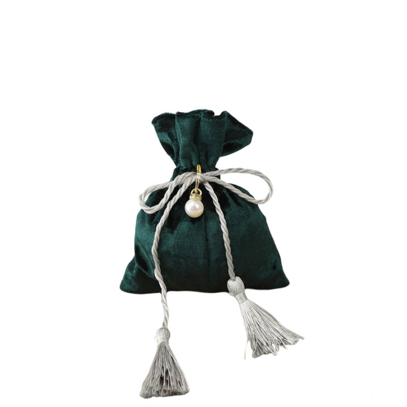 Velvet Tassel Drawstring Bags with Pearl 120x140mm Green - 10/Pack